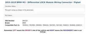 7846460 BMW Differential Lock Module Wiring Connector M3 #3